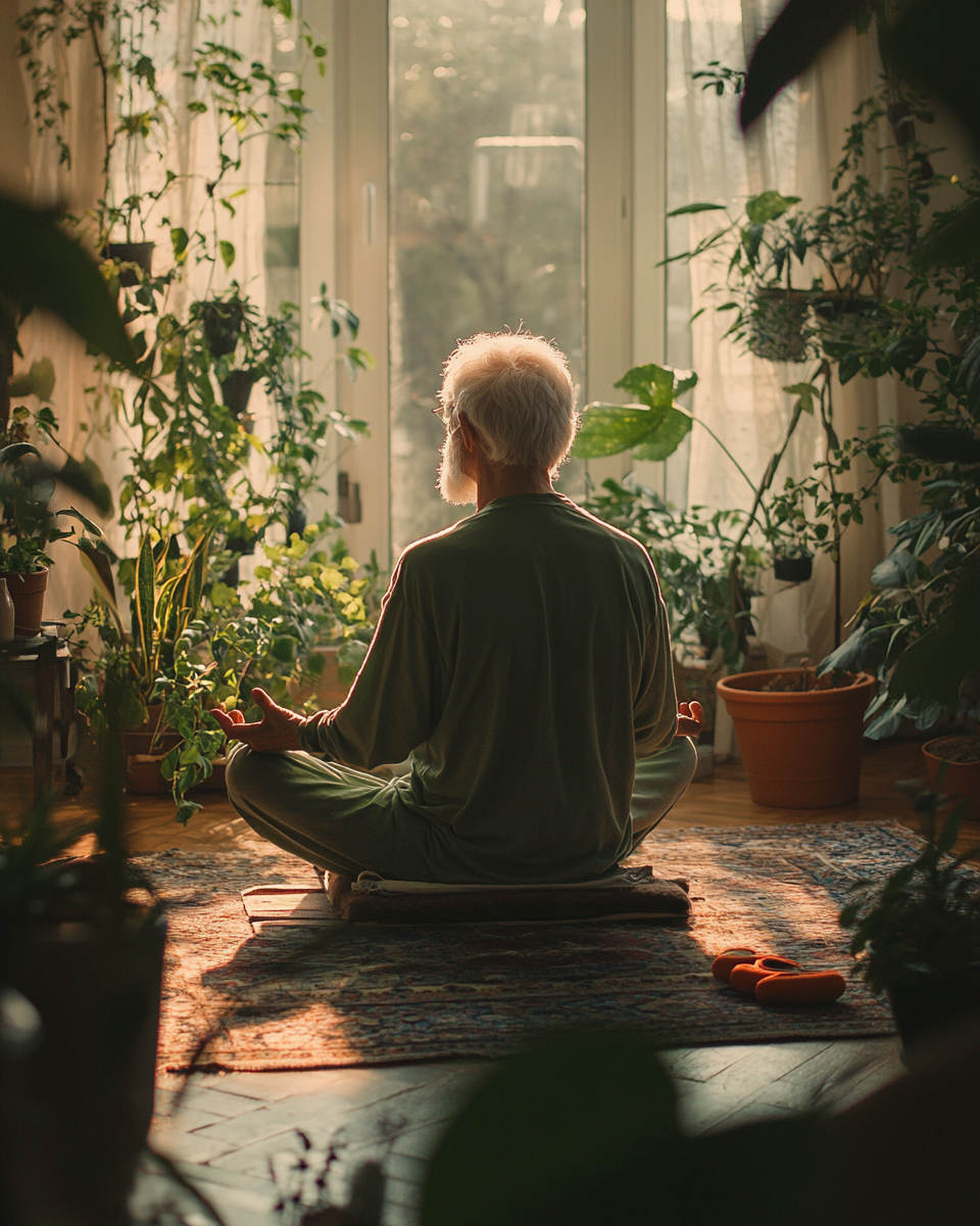 Група людей зрілого віку займається йогою в затишній студії